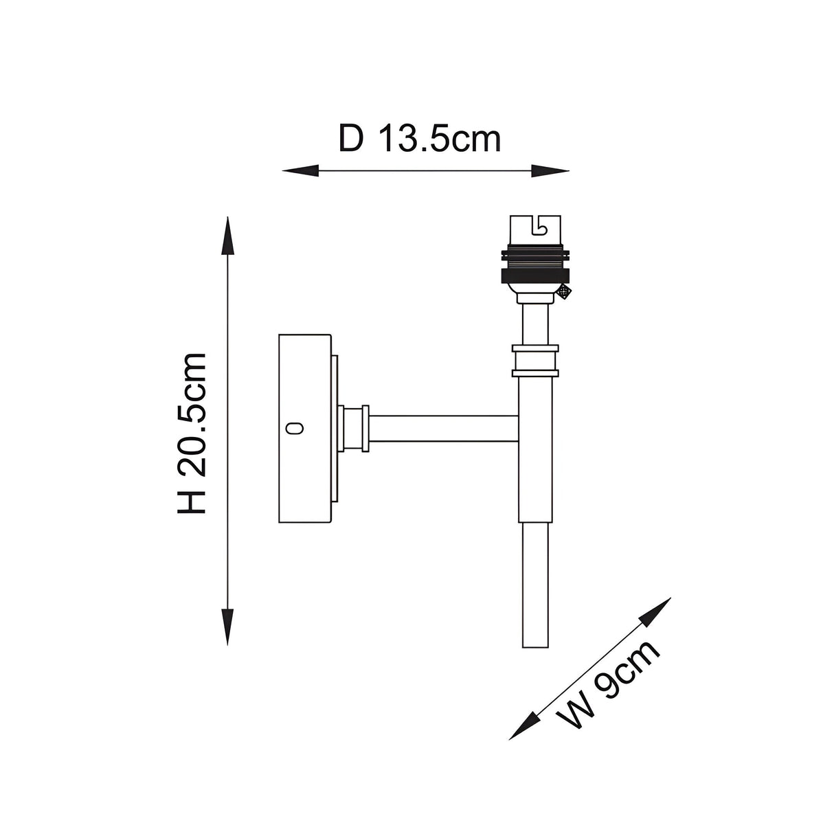 Endon Bevford wall light technical drawing showing dimensions of 20.5cm height, 13.5cm projection and 9cm width with B22 lampholder detail.