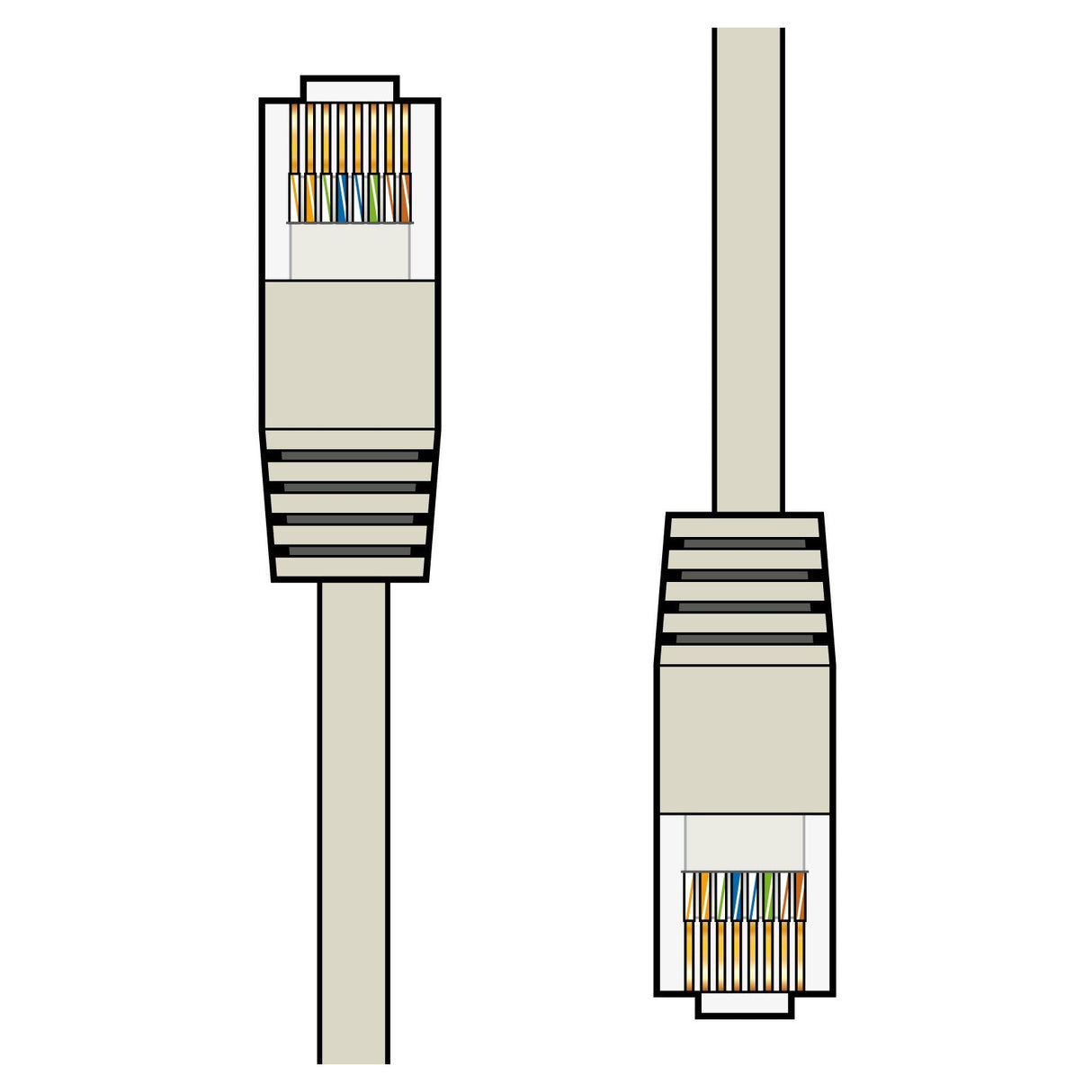 Illustration showcasing two AV:Link Cat5e Patch Lead UTP RJ45 Plug to RJ45 Plug cables, each 5 meters long. The first cable, made from copper clad aluminium, is presented from a side view, while the second is displayed from a top view to emphasize the arrangement of colored wires within the transparent connectors. Perfect for gaining insight into network patch leads in 1000Base-T ethernet configurations.
