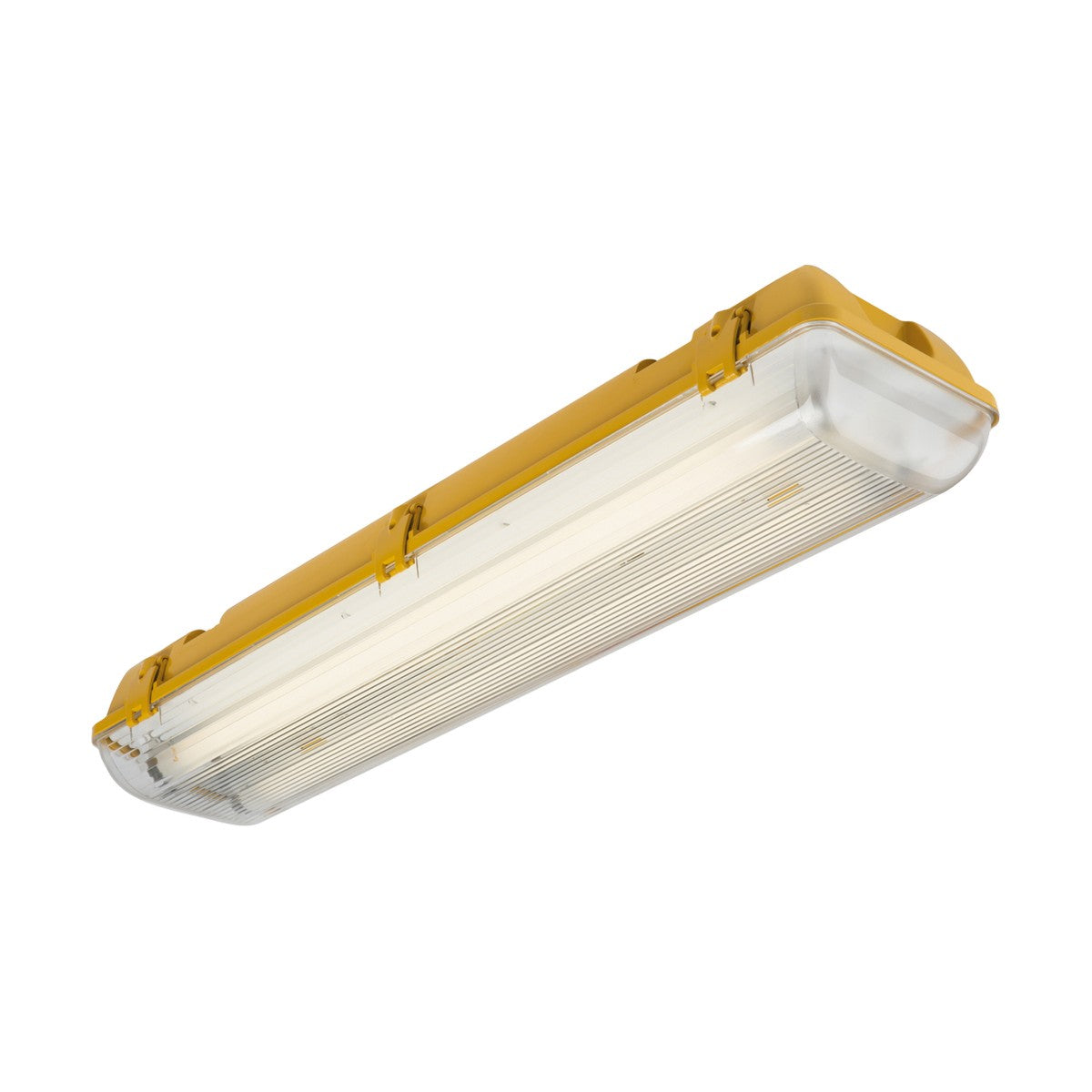 The Twin 5ft 58W Non-Corrosive Emergency Fluorescent Batten IP65 is a rectangular, industrial LED light fixture featuring a yellow protective casing and transparent cover. It's designed to endure harsh environments and can be suspended to highlight its robust design, offering an emergency battery backup for added reliability.