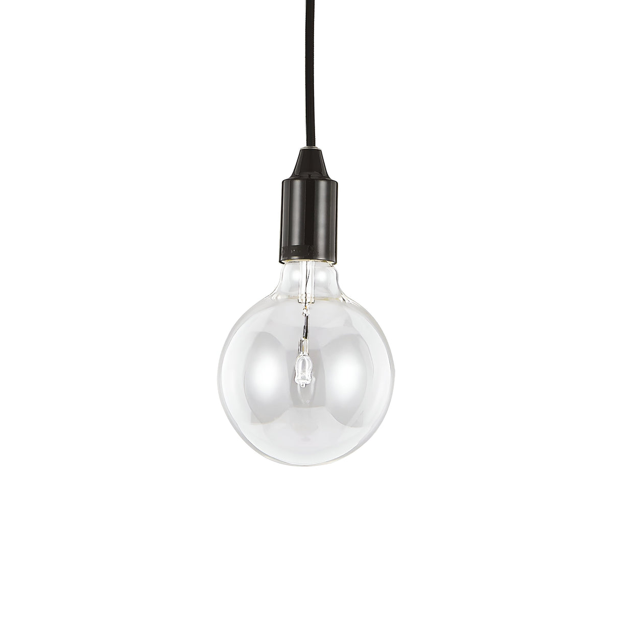 The Ice 1 Light Pendant - Black, featuring a clear, round light bulb with a visible filament suspended from a black cord, highlights its minimalist design. Positioned against a crisp white background, it brings in an element of contemporary style.