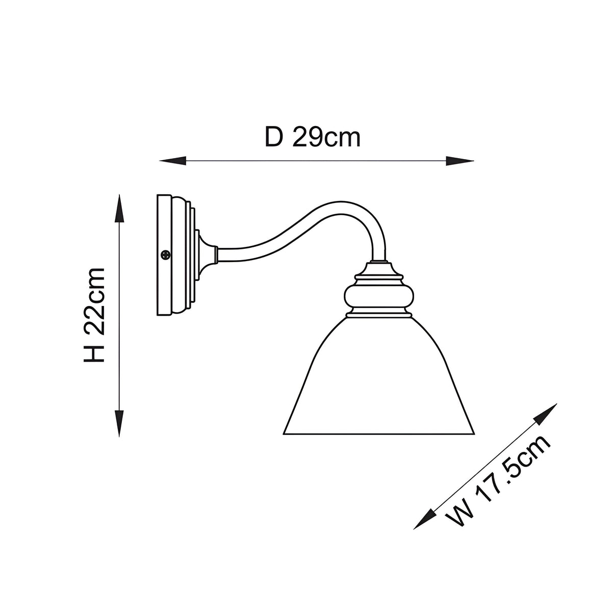 Dimensioned line drawing of the Endon Bevwick wall light showing 22cm height, 17.5cm width and 29cm projection on a white background.