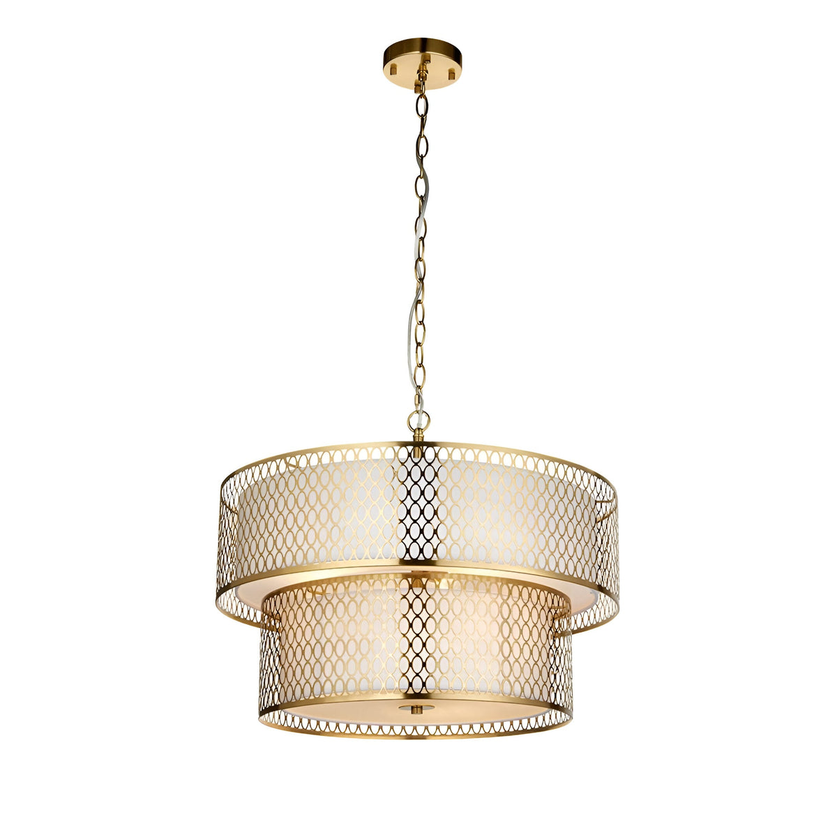 Endon Rosaline 6 light chandelier in gold with two tiered fretwork drums, white fabric inner shade and frosted glass diffuser on a white background.