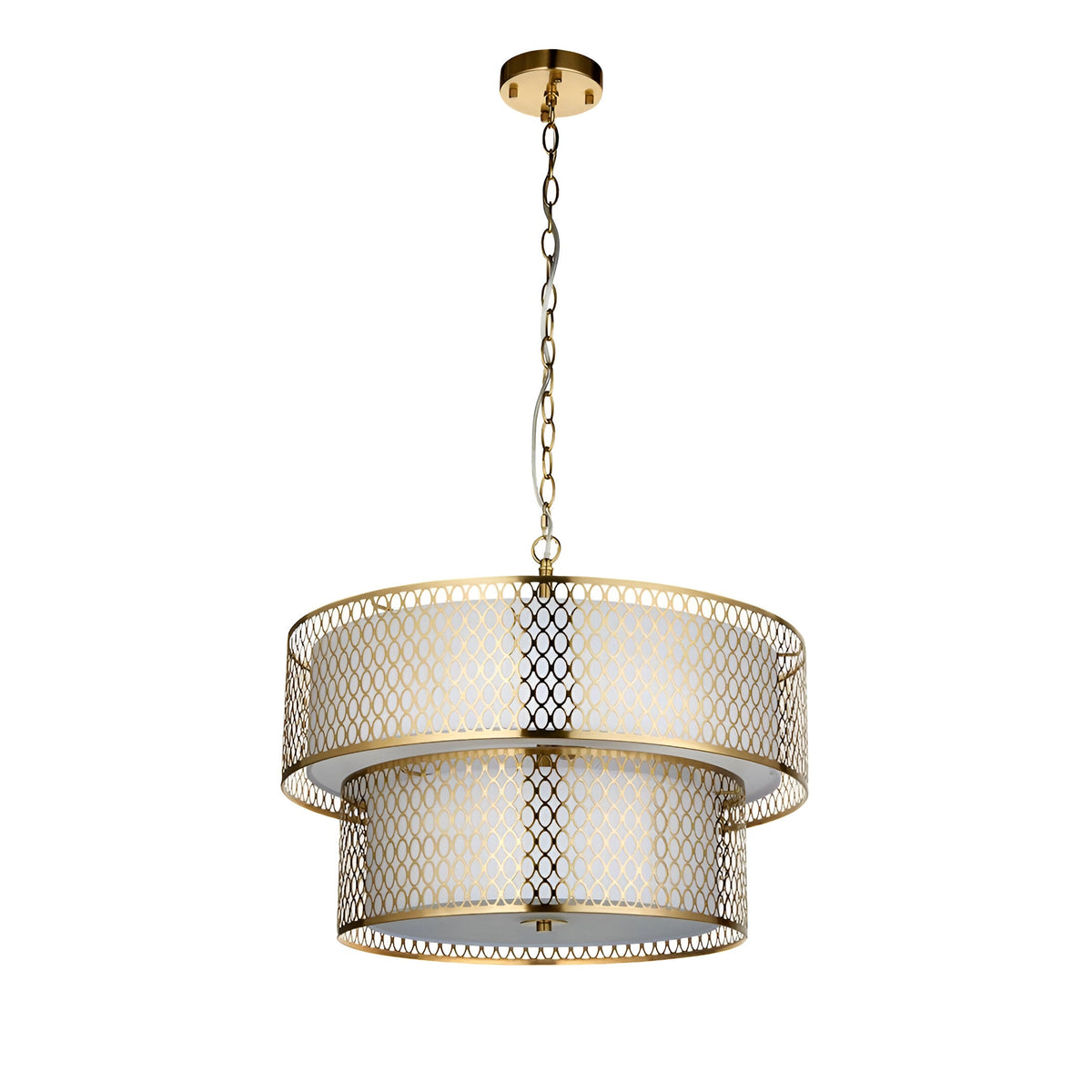 Endon Rosaline 6 light chandelier in gold with two tiers of circular fretwork metal around a white fabric shade, suspended from a chain on a white background.