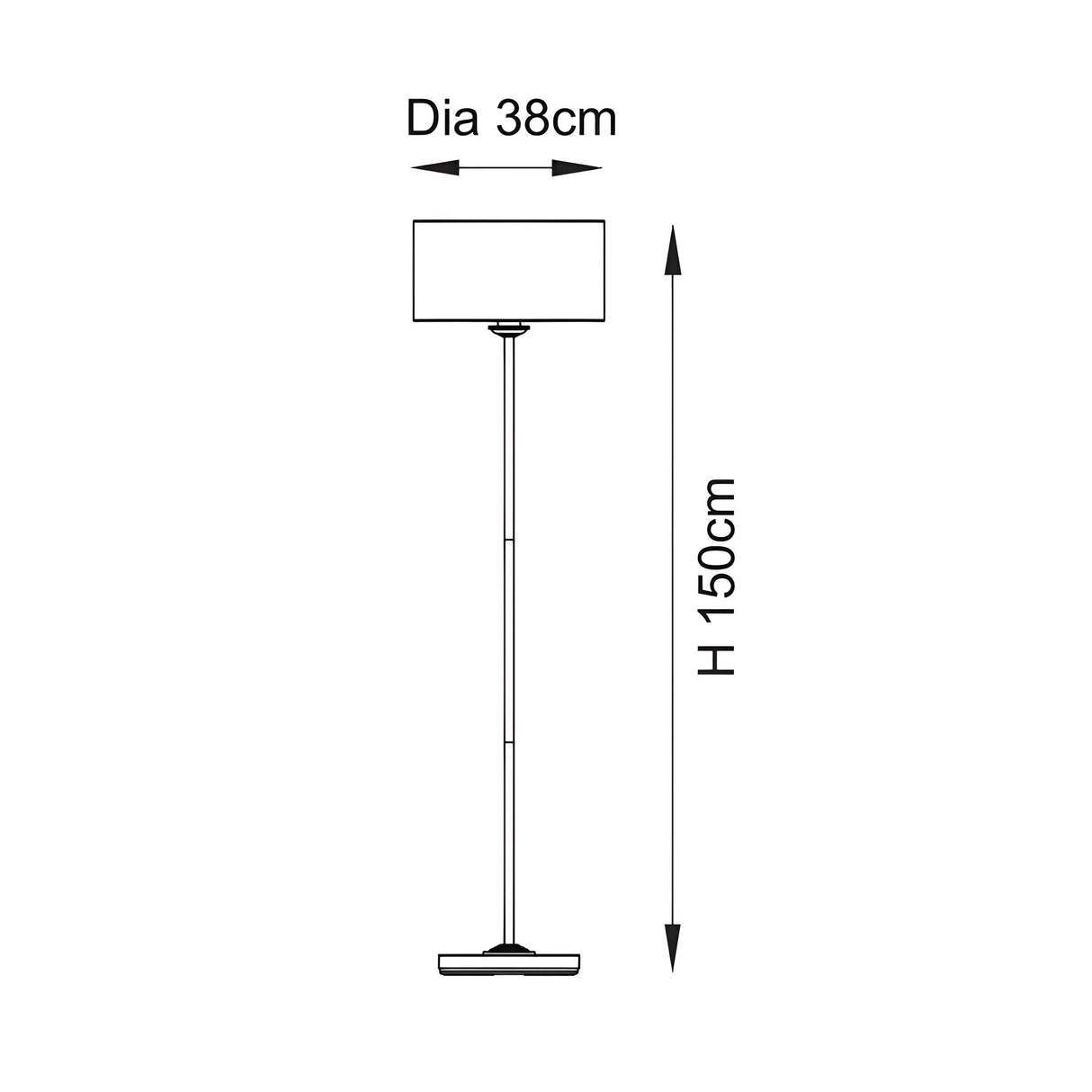 Technical line drawing of the Brenley Floor Lamp in brass, showing a rectangular fabric shade on a slim pole with round base, H150cm, Dia 38cm.