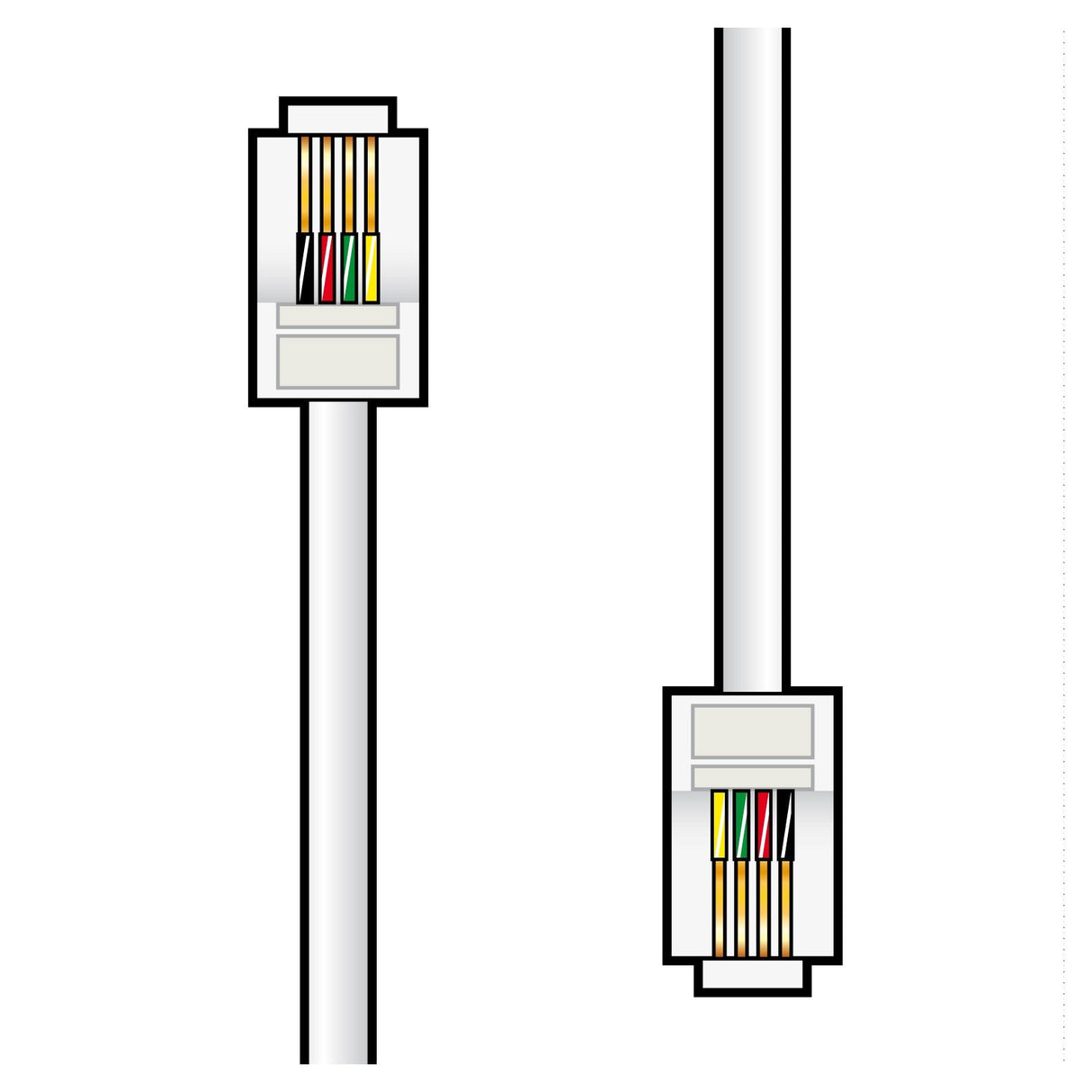 Illustration of two AV:Link RJ11 modular plugs with exposed wiring, reminiscent of a telephone outlet. Each plug features green, white, orange, and blue wires arranged inside. The cables are vertically positioned to provide a detailed view of the internal structure.