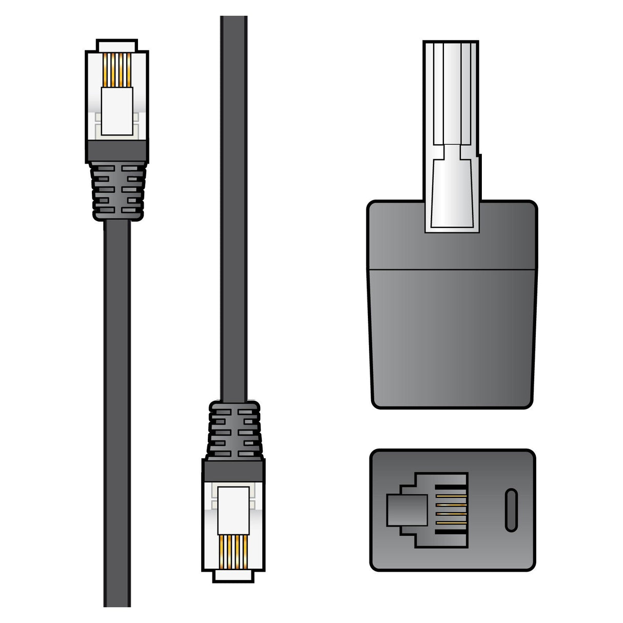 Illustration of the AV:Link RJ11 Modem Lead With BT Adaptor - 5m, showcasing connectors at both ends. The image highlights a front and side view of the RJ11 plug, emphasizing the copper conductors and plug design.