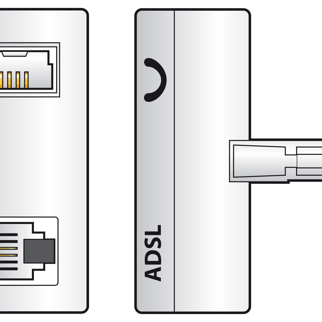 AV:Link ADSL signal filter by AVSL, white plastic adapter with RJ11 socket, filtered BT431A socket, and BT431A plug shown in close-up detail.