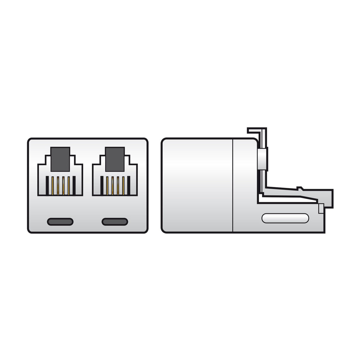 AV:Link RJ11 plug to 2 x RJ11 socket splitter by AVSL, shown in front and side view with white casing and twin modular sockets on a plain background.
