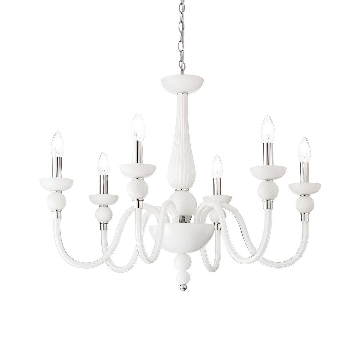 A white Casio Glass 6 Light Chandelier featuring an elegant design with curved arms and glossy surfaces, adorned with silver accents and suspended by a chain to provide sophisticated elegance.