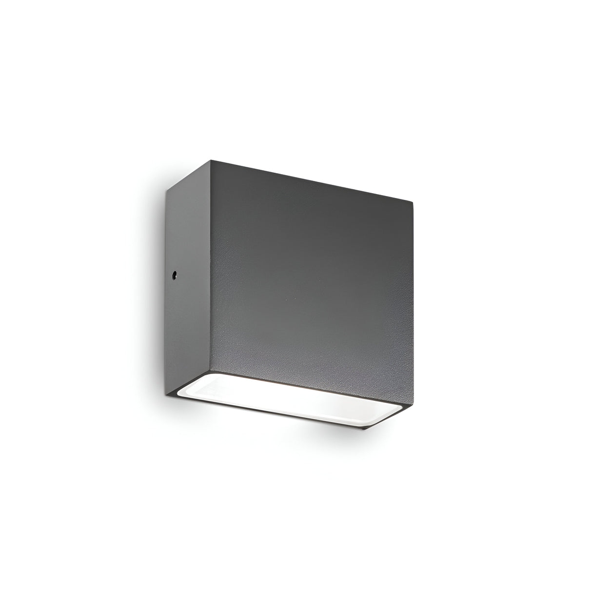 The Sparka-1 Outdoor Wall Light - Anthracite is elegantly mounted on a white backdrop, featuring a minimalist design. It emits a gentle glow from the bottom, enhancing its simple and contemporary aesthetic.