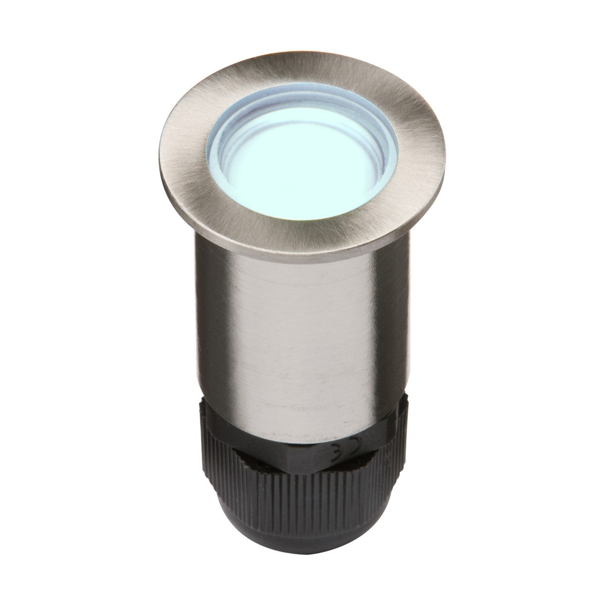 The Outdoor 24V Small Blue LED Walk Over Ground Light is a stainless steel recessed fixture with a cylindrical body and frosted lens, making it ideal for outdoor use. It features an IP67 rating for durability, while the black bottom includes a threaded base for easy installation.