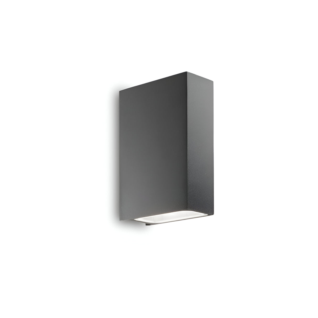 A Sparka-2 2 Light Outdoor Wall Light in anthracite, featuring a minimalist rectangular design, is mounted on a white background. It elegantly directs light downwards and is perfect for outdoor settings with its reliable IP44 weather resistance rating.