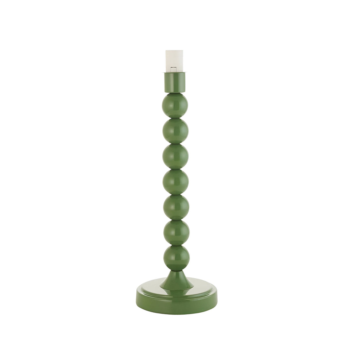 Endon Brenleigh table lamp base in glossy green with stacked metal spheres on a round foot and E14 lampholder, shown against a plain white background.