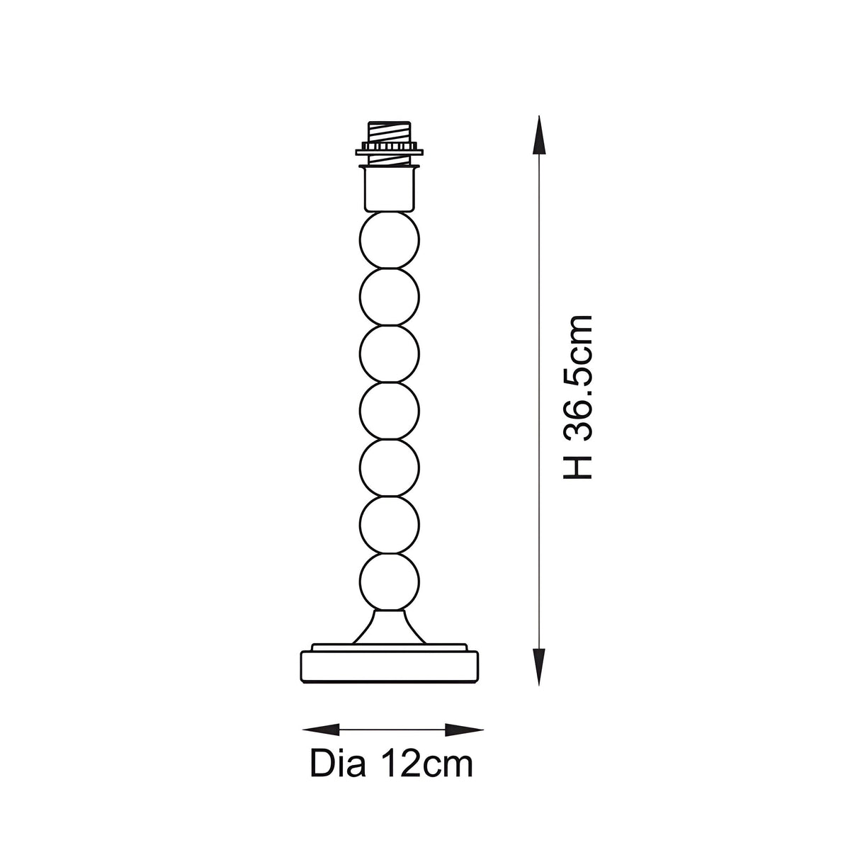 Technical line drawing of the Endon Brenleigh table lamp base showing stacked sphere column with E14 fitting, 36.5cm height and 12cm diameter.