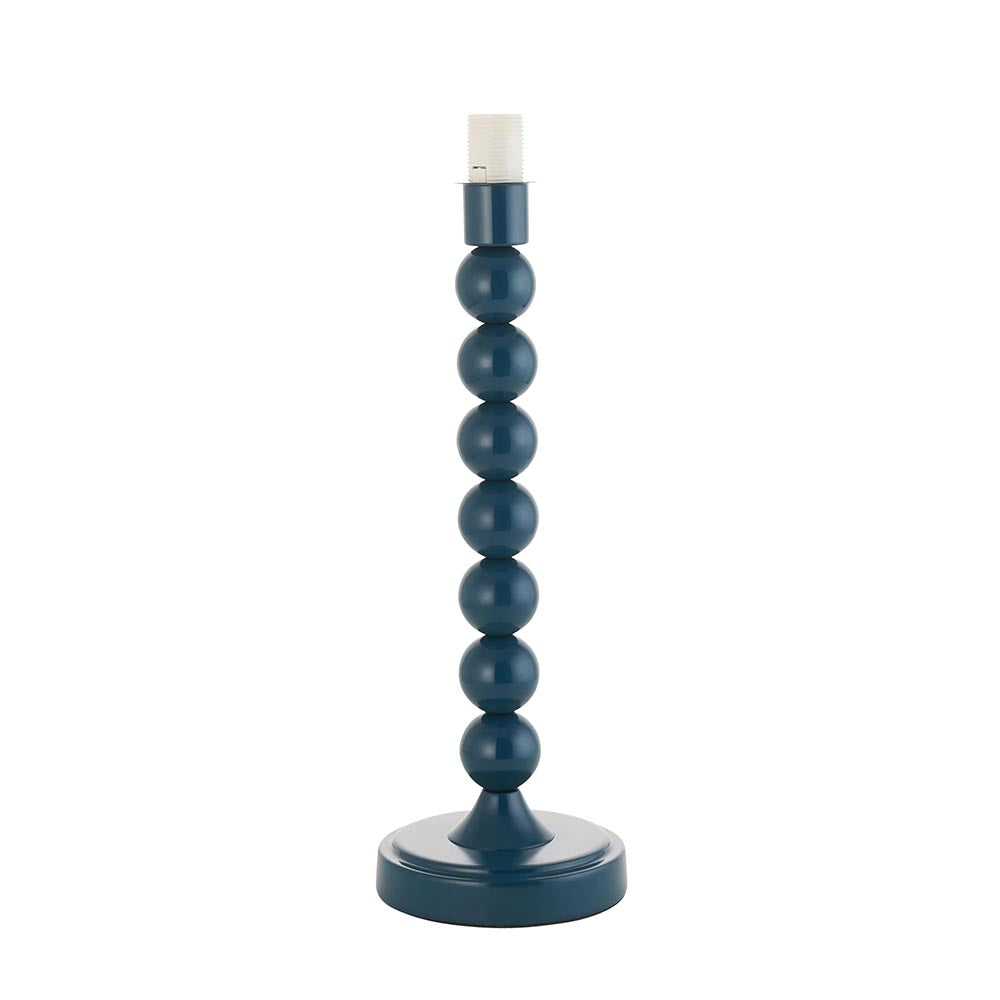 Brenleigh Table Lamp base in blue, featuring stacked glossy metal spheres on a round base with E14 bulb holder, shown on a plain white background.