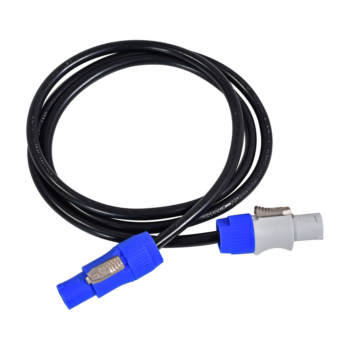 Citronic 1.5m daisy chain power cable by AVSL with black cable coiled and blue twist and lock connectors on a plain white background.