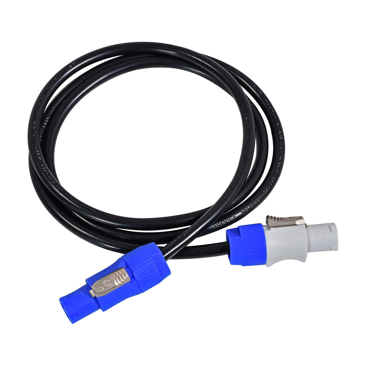 Citronic 3m daisy chain power cable coiled on a white background with blue twist and lock connectors at each end of the black lead.