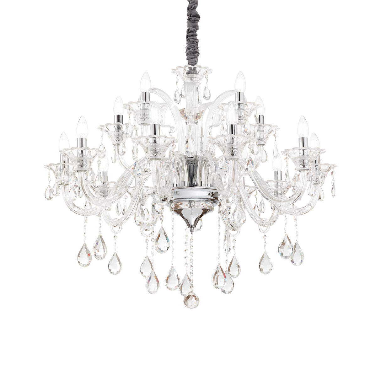 The Vivid Crystal 15 Light Chandelier - Chrome is a luxurious piece of decorative lighting featuring multiple arms with candle-style lights. It's adorned with tear-shaped crystals and strands, all hanging from a central frame. This chrome chandelier is elegantly designed for sophisticated settings.