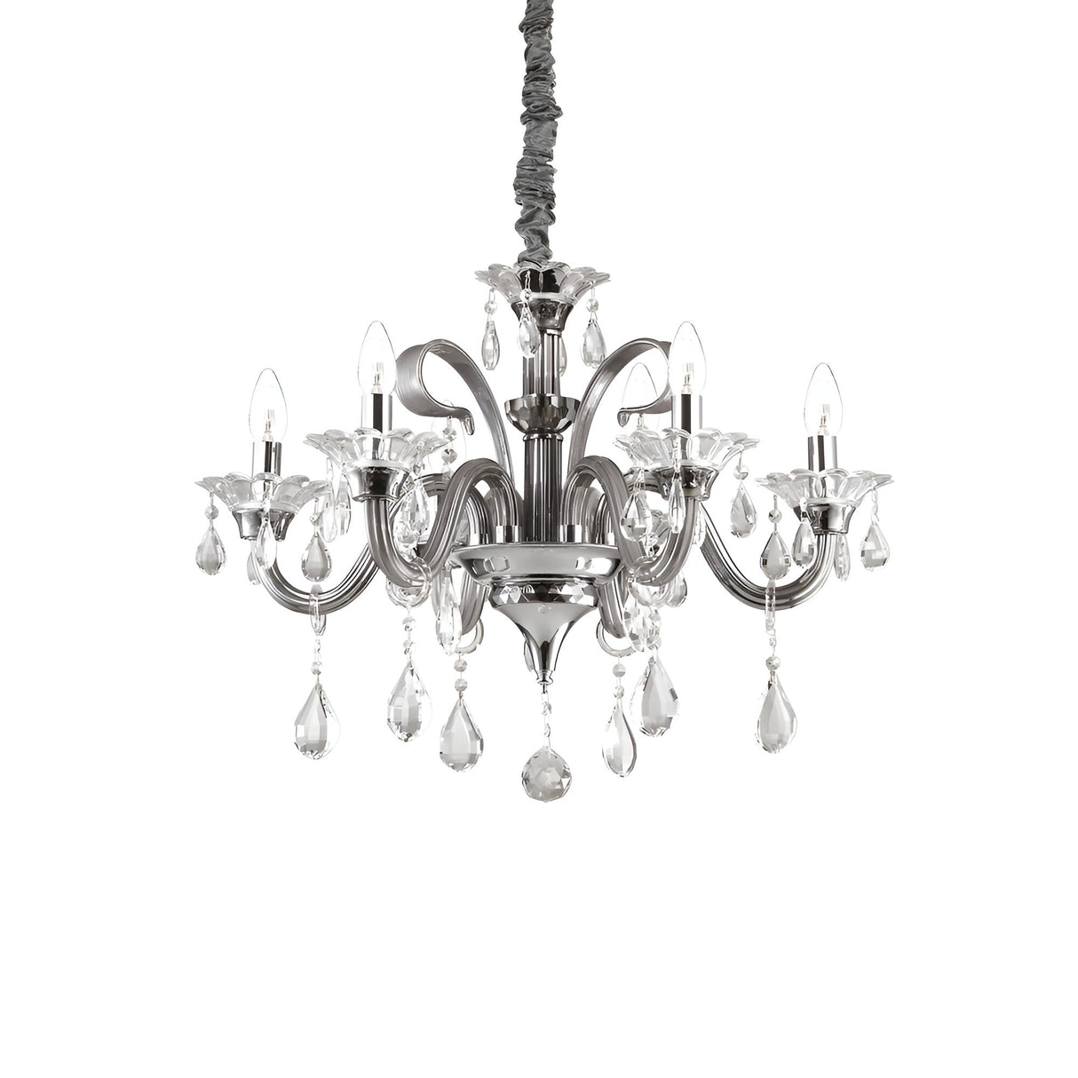 The Vivid Crystal 6 Light Chandelier - Clear exudes a classic, sophisticated appearance with six candle-shaped lights and transparent droplets. Its elegantly curved arms and wrapped chain enhance its allure, making it a stunning centerpiece for modern interiors against a white background.