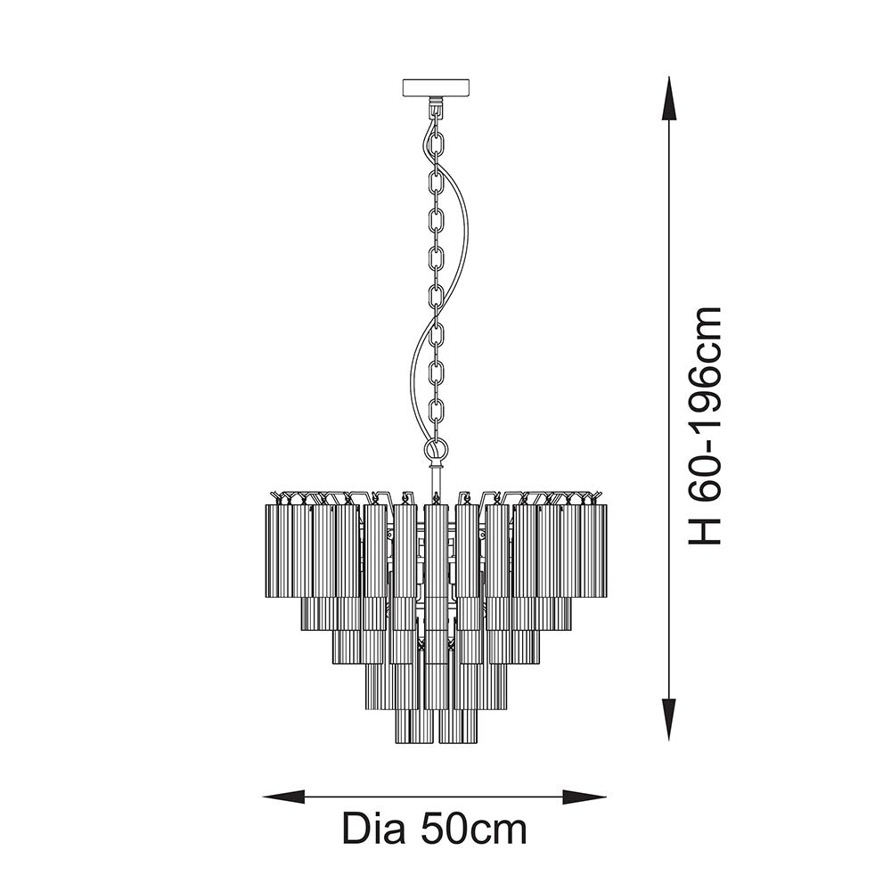 Technical line drawing of the Endon Cranshaw 12 light tiered pendant showing 50cm diameter and 60-196cm adjustable height on a chain suspension.
