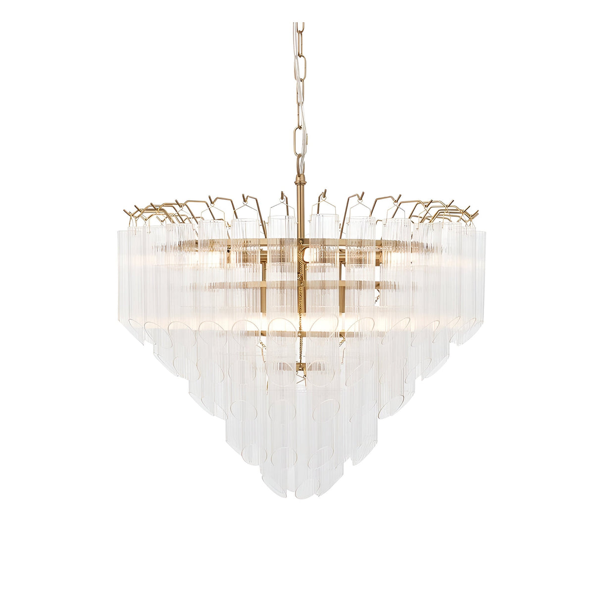 Cranshaw 12-light tiered pendant in satin brass with clear ribbed glass rods, suspended from a brass chain against a plain white background.