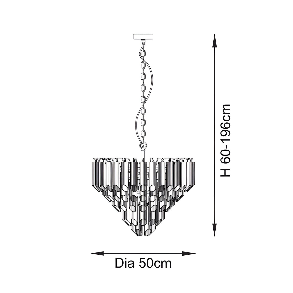 Cranshaw 12 light tiered pendant with cylindrical glass rods and brass metalwork, shown as a technical line drawing with height and diameter measurements.