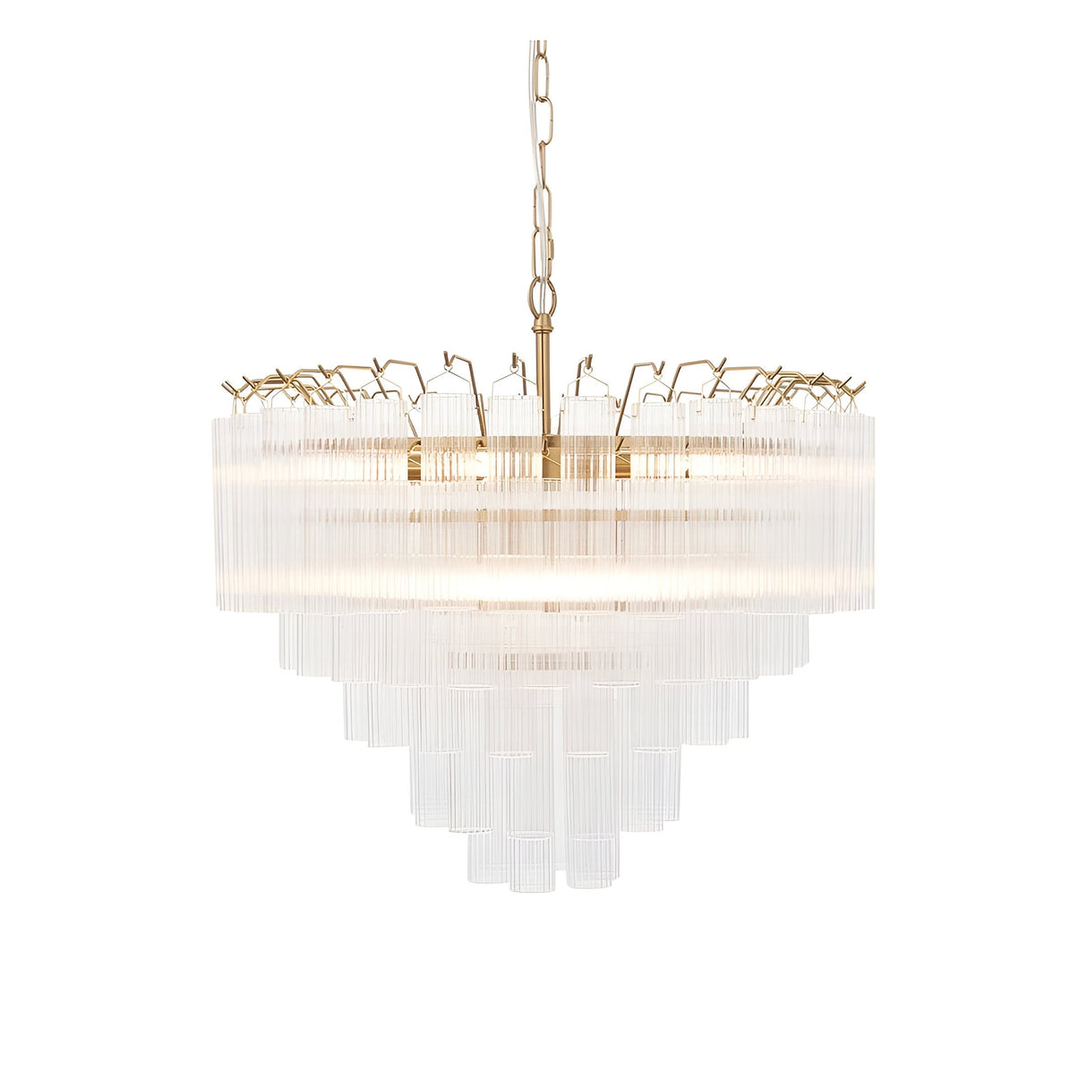 Endon Cranshaw 12 light tiered pendant in satin brass with ribbed clear glass cylinders, suspended from a chain on a plain white background.
