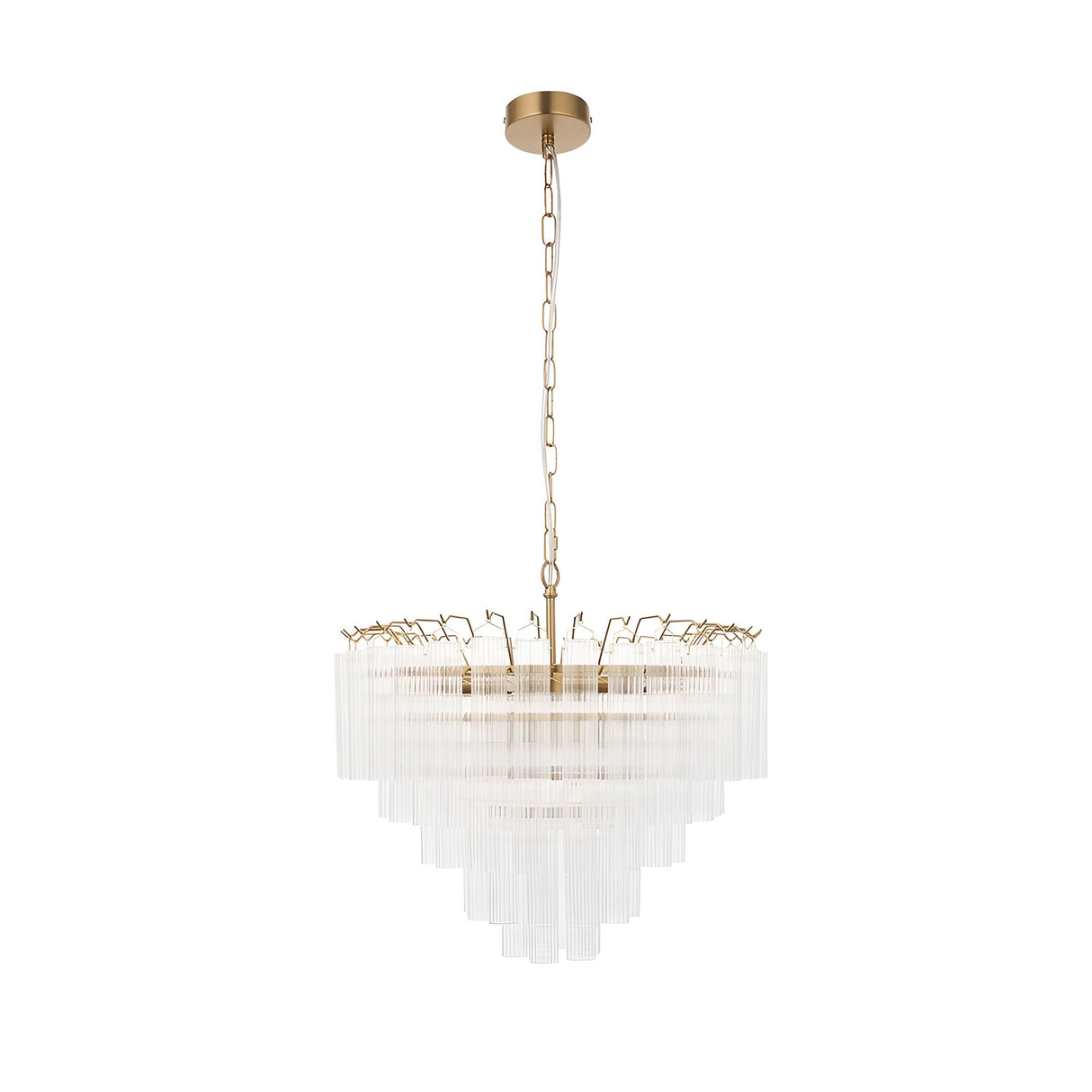 Endon Cranshaw 12 light tiered pendant in satin brass with ribbed clear glass cylinders, suspended from a chain against a plain white background.