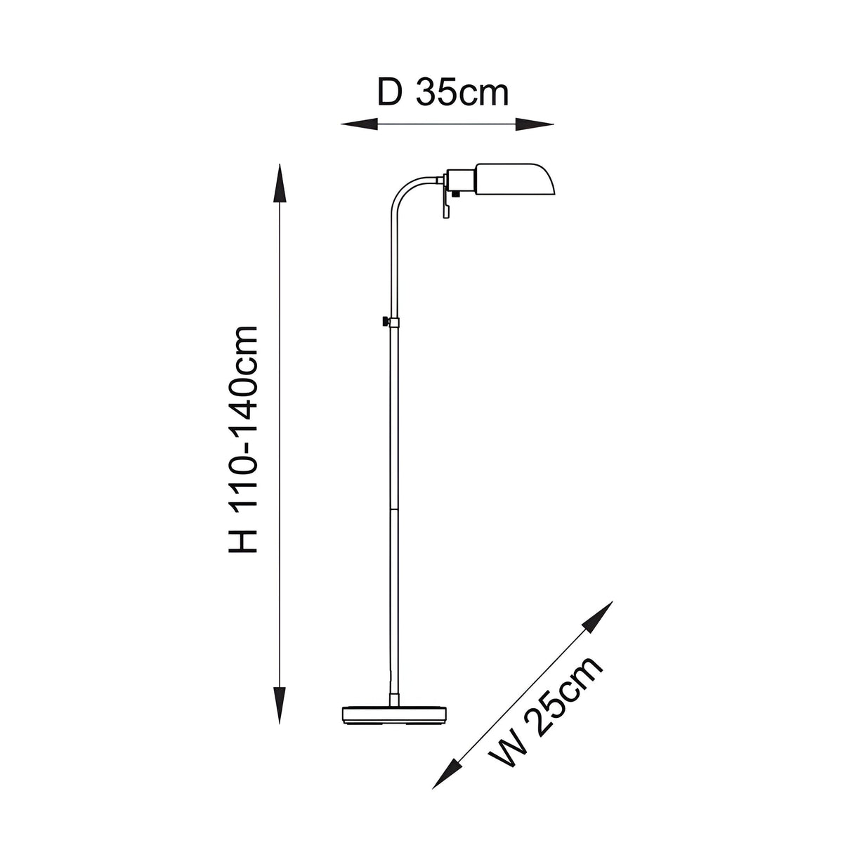 Dimension diagram of the Endon Chartbourne floor lamp showing adjustable height 110-140cm, width 25cm, and depth 35cm on a white background.