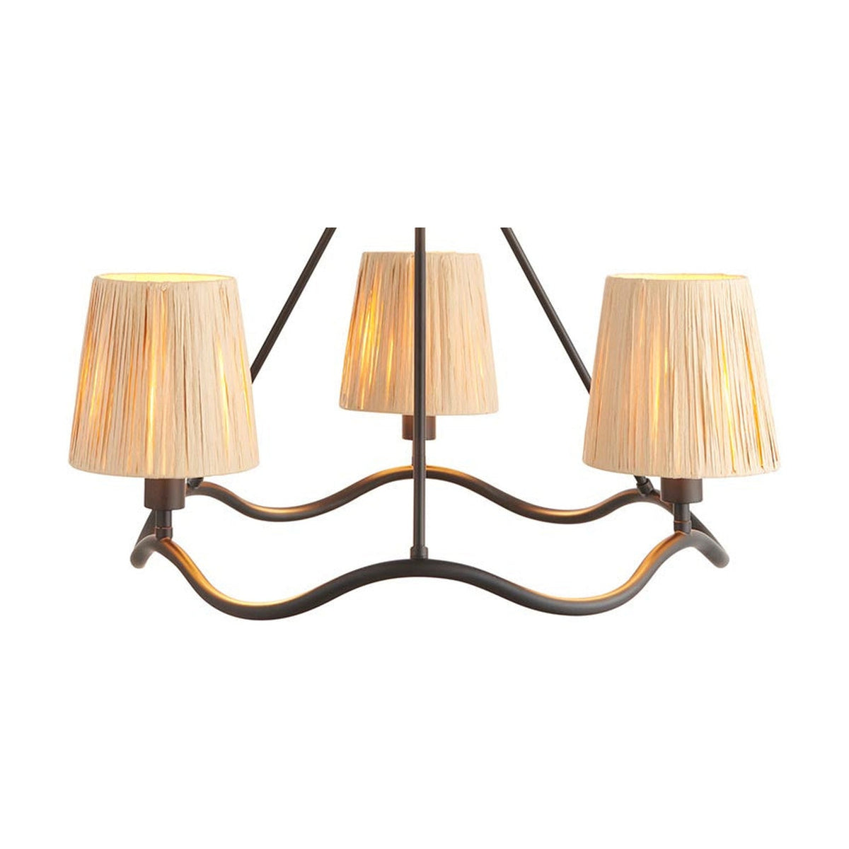 Endon Danemont 3 light pendant in black with a wave-shaped hoop carrying three hand-wrapped raffia tapered shades, suspended from a chain.