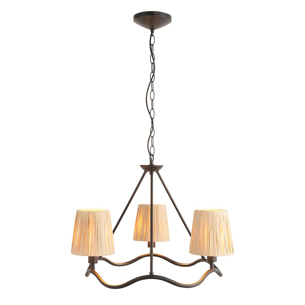 Endon Danemont 3 Light Pendant in black with a wave-shaped hoop holding three tapered raffia shades, suspended from a chain on a white background.