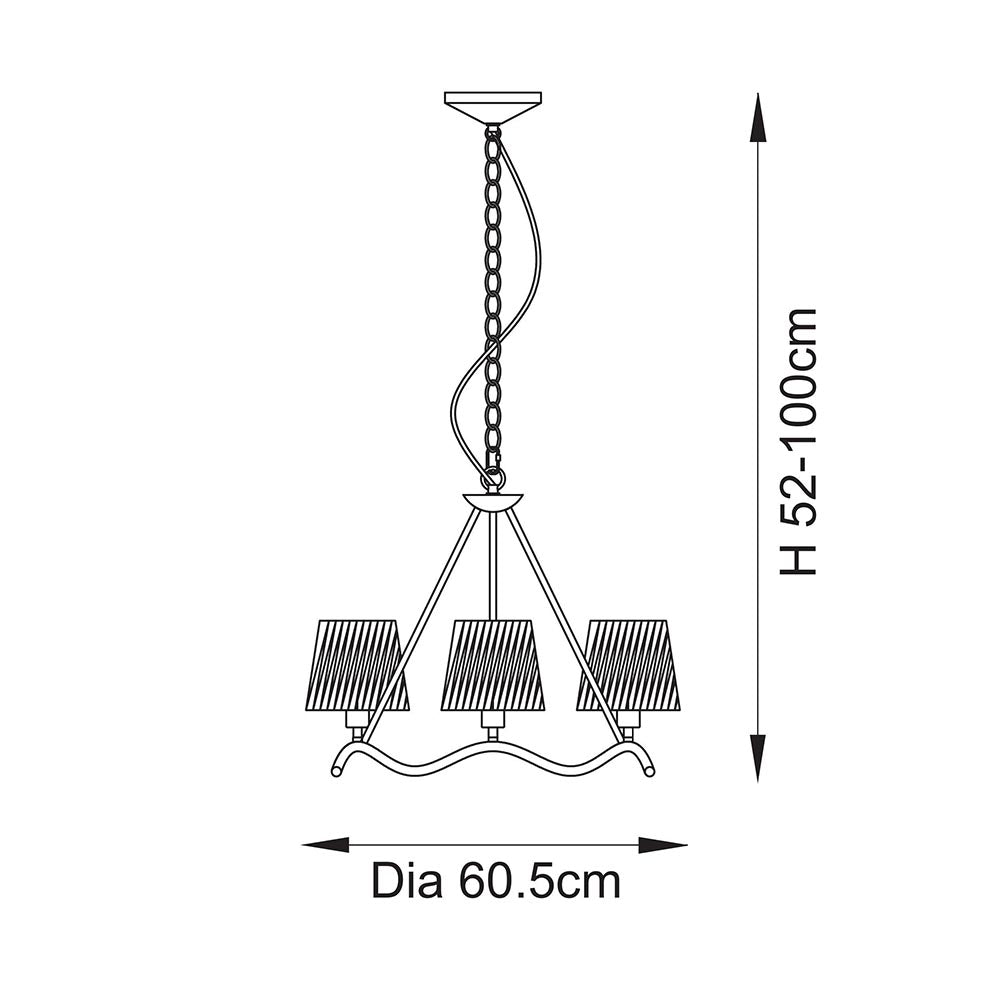 Endon Danemont 3 Light Pendant in black, dimensions diagram showing 60.5cm diameter and 52-100cm adjustable height with wave hoop and three tapered shades.