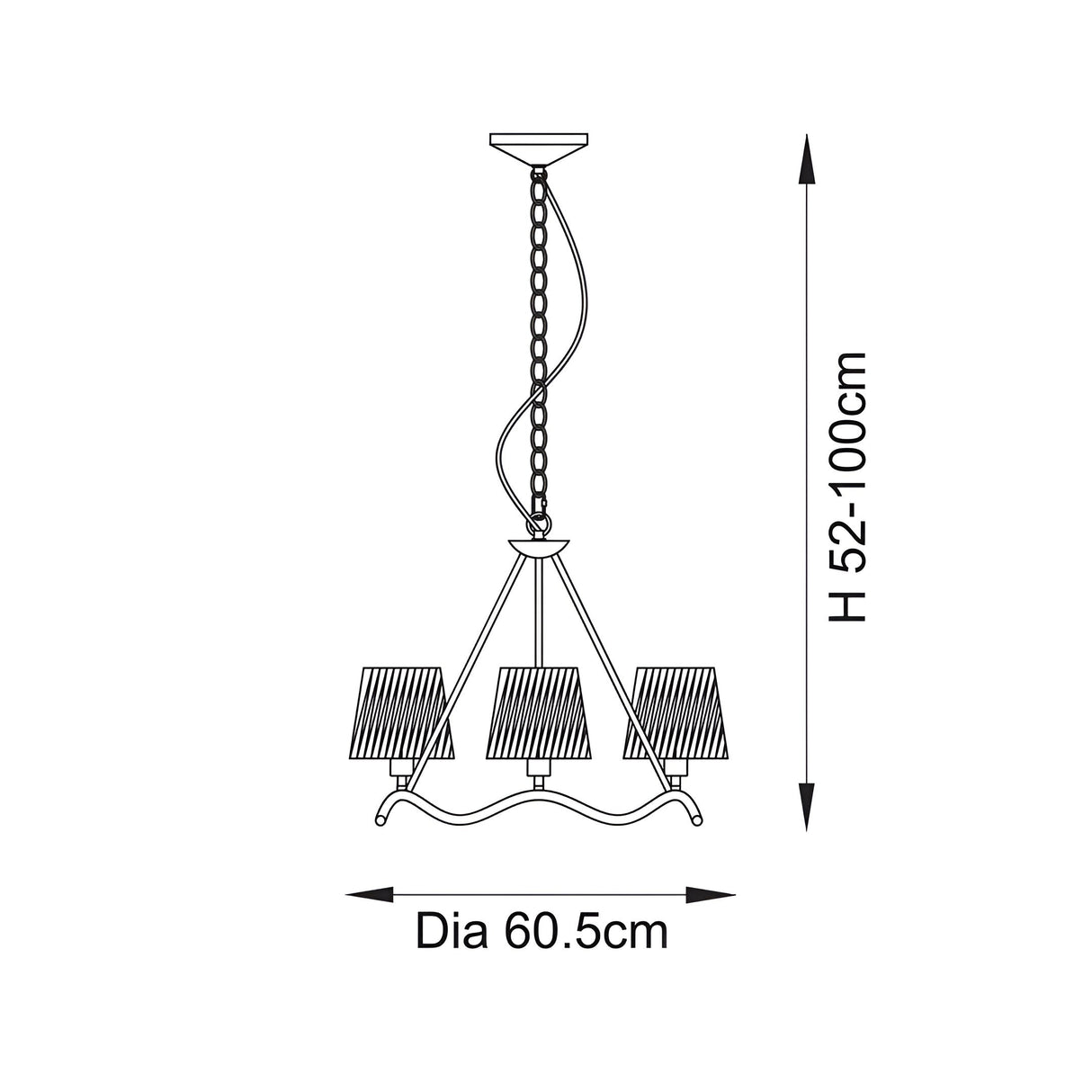 Technical line drawing of brass Danemont 3-Light Pendant with chain suspension, wave-shaped hoop, three fabric shades, 52-100cm height, 60.5cm diameter.