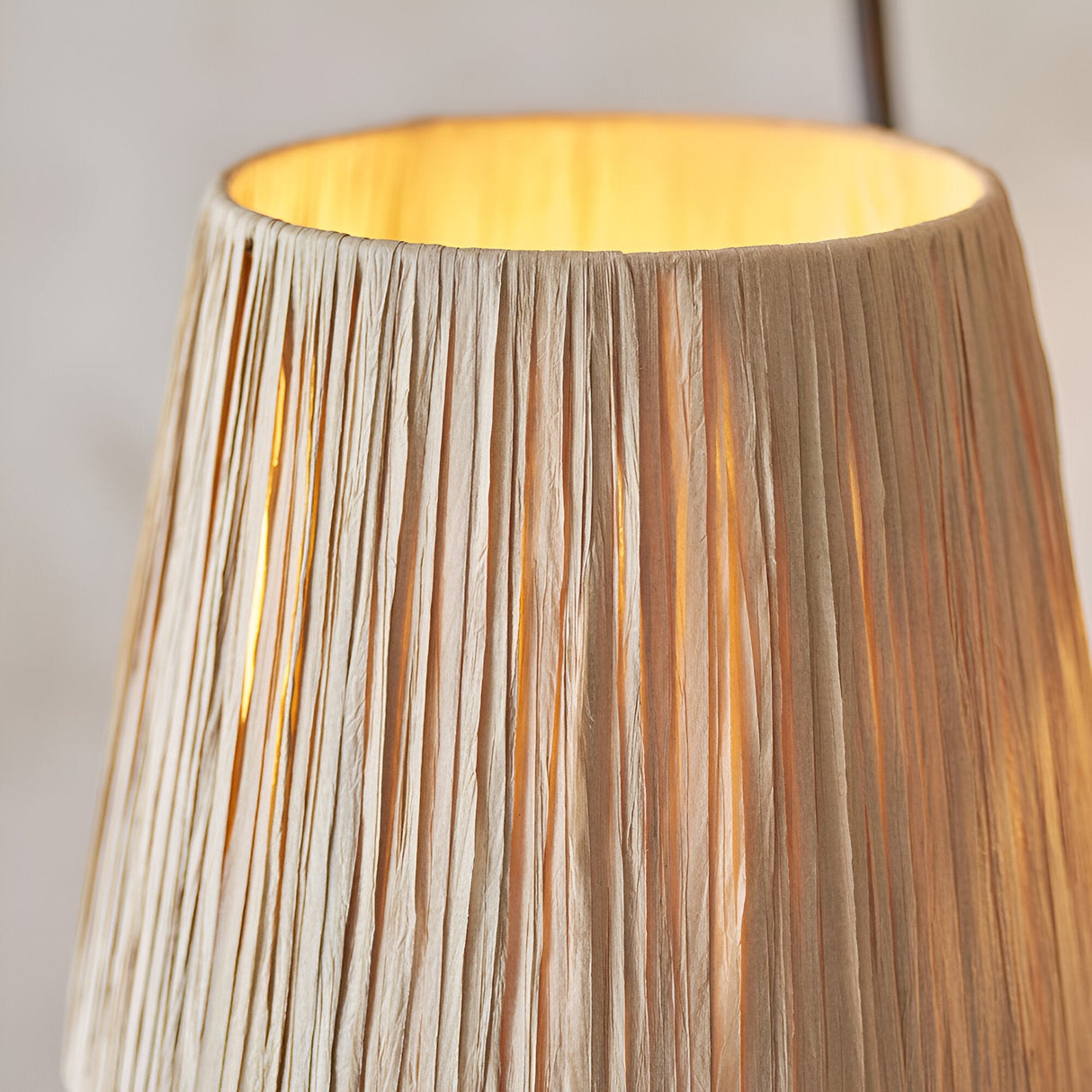 Close-up of the Endon Danemont floor lamp's hand-wrapped tapered raffia shade glowing warmly, with matt black frame detail visible above.