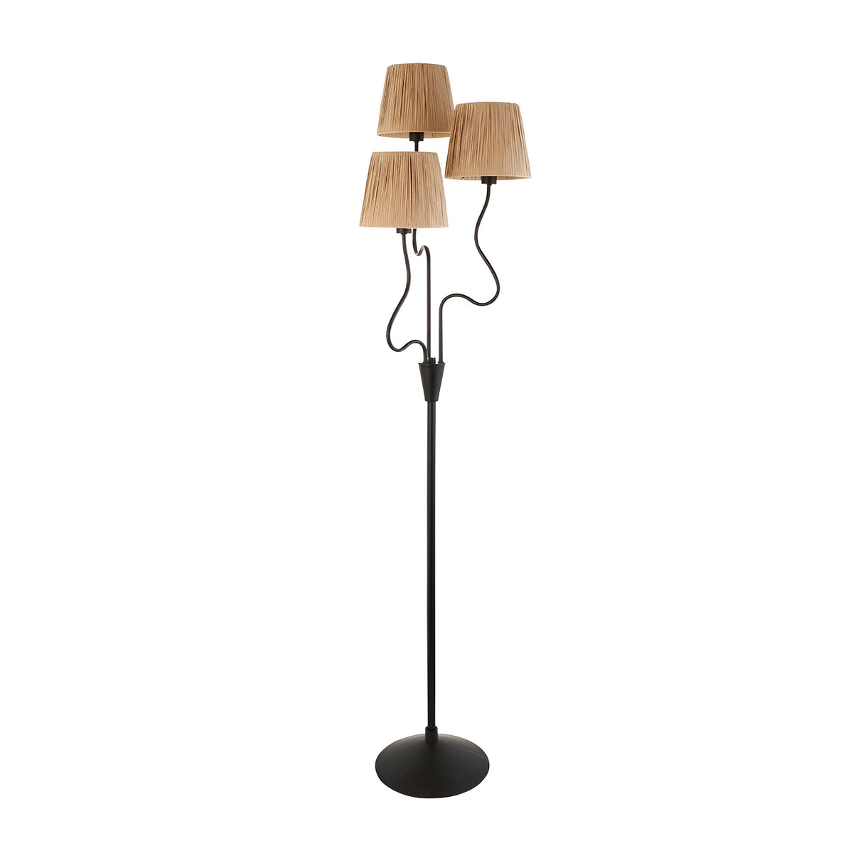 Endon Danemont 3 light floor lamp in matt black with three tapered hand-wrapped raffia shades on wriggle arms, shown against a plain white background.