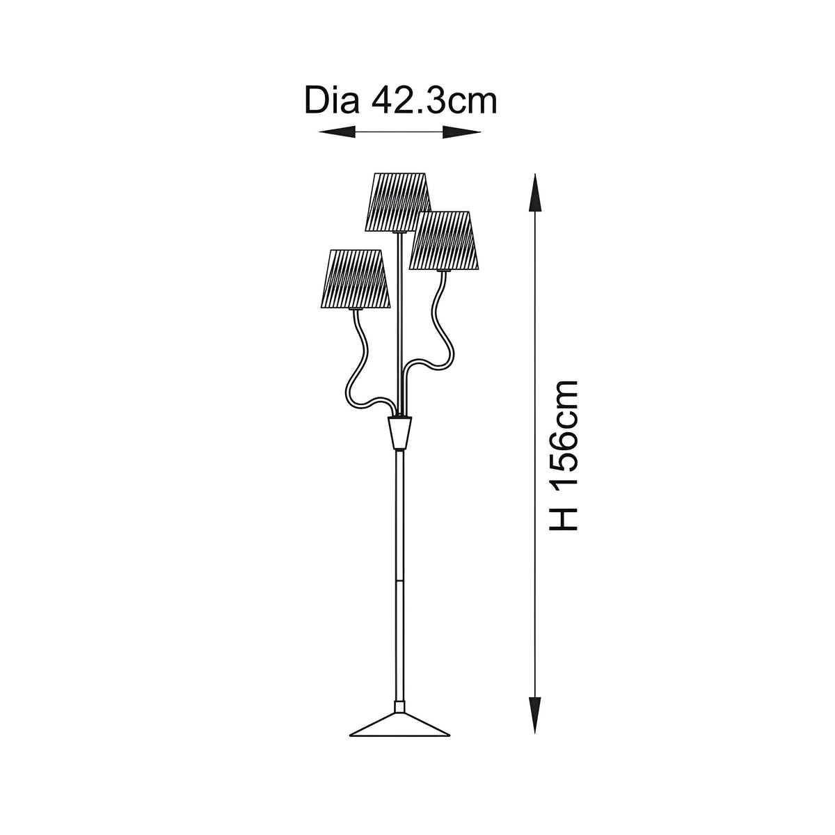 Dimension diagram of the Endon Danemont 3 Light Floor Lamp in black, showing 156cm height and 42.3cm diameter across three tapered shades.