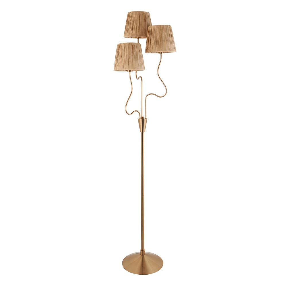 Danemont 3 Light Floor Lamp in aged brass, with wriggle stems rising to three tapered raffia shades, round base, on a plain white background.