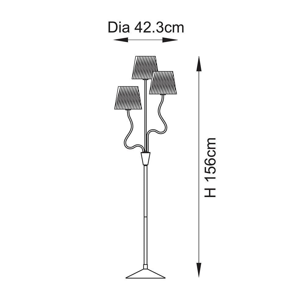 Line drawing of the Danemont 3 Light Floor Lamp in aged brass, showing three wavy arms with tapered shades, tripod base, H156cm x Dia42.3cm.