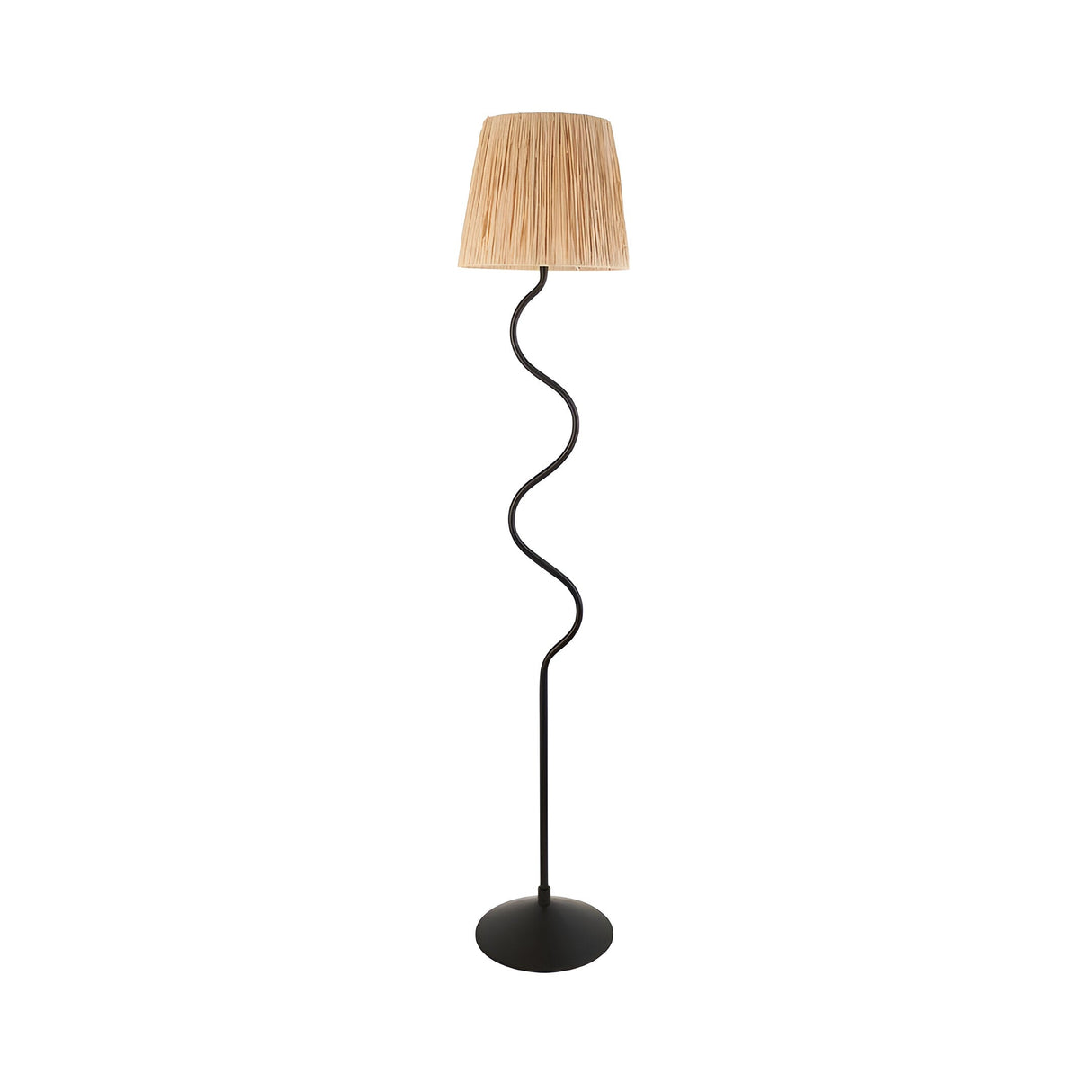 Endon Danemont floor lamp with a matt black wriggle-shaped metal stem, round base and tapered hand-wrapped raffia shade, on a plain background.