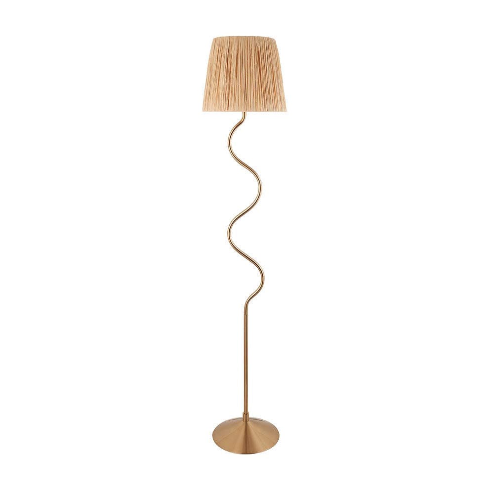 Endon Danemont floor lamp with a wriggle-shaped aged brass stem and tapered hand-wrapped raffia shade, shown on a plain white background.