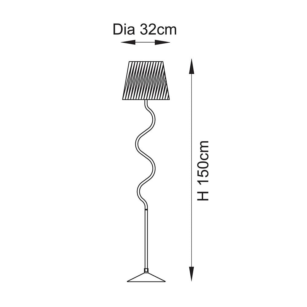 Dimensioned line drawing of the Endon Danemont floor lamp showing a 1500mm height and 320mm tapered shade diameter on a white background.
