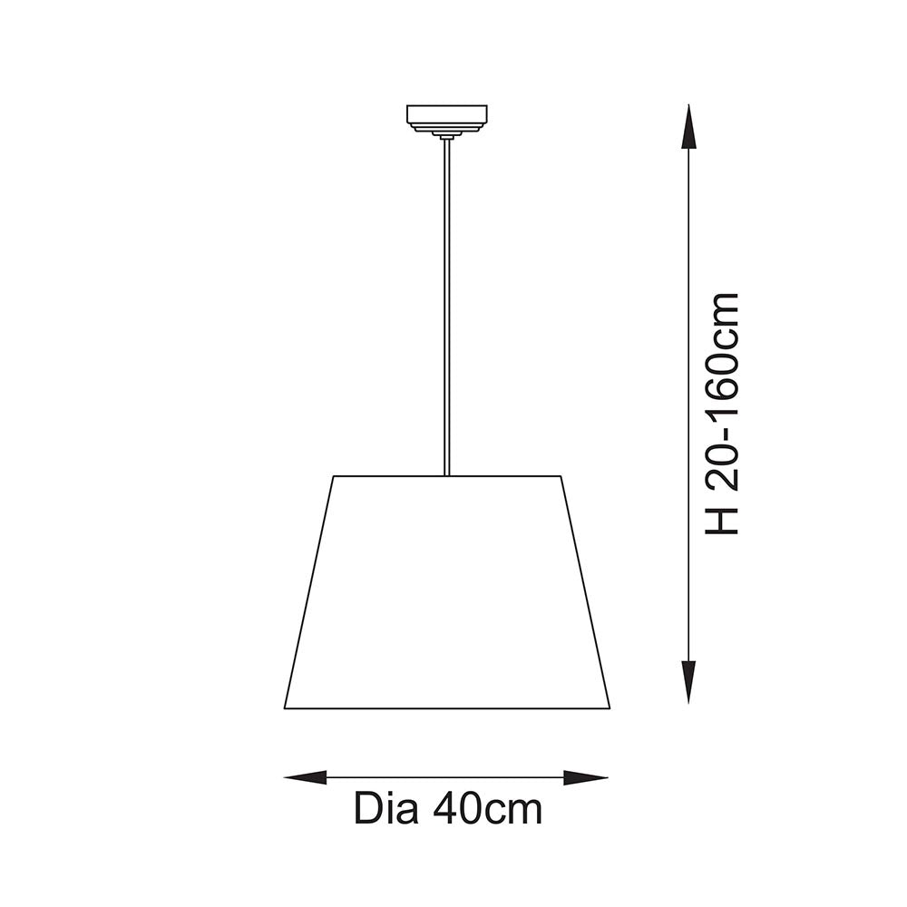 Dimensions diagram of the Endon Brackmont Ikat Coral pendant light showing a 40cm tapered shade and adjustable height of 20–160cm.