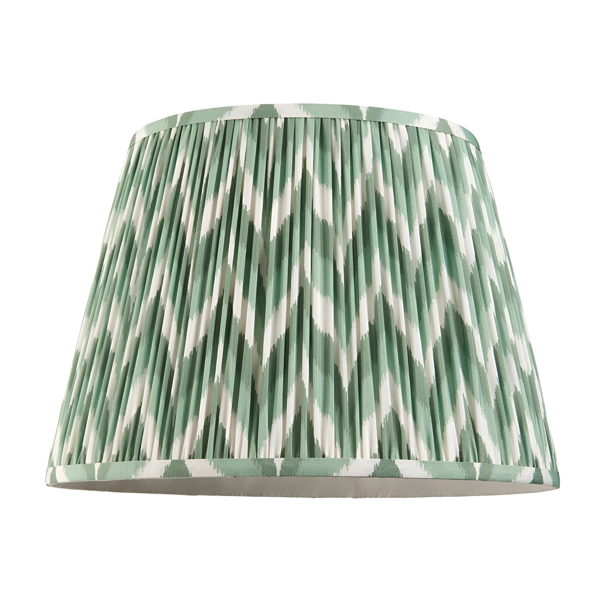 Brackmont Pendant tapered fabric shade in green and white chevron print with hand-pleated finish and taped edges, shown on a plain white background.