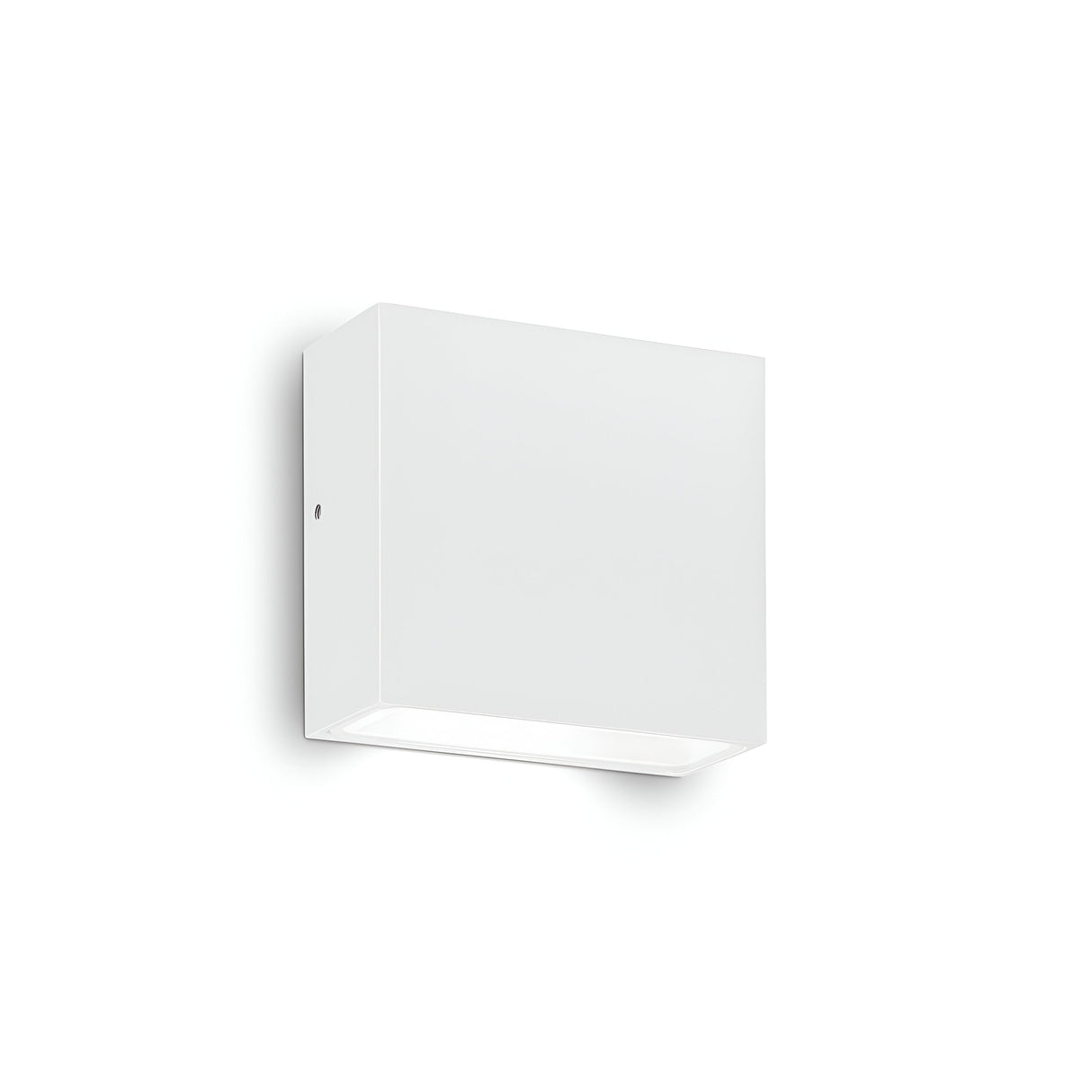 The Sparka-1 Outdoor Wall Light is a minimalist, white, wall-mounted cube fixture featuring a downward-facing bulb that showcases modern lighting design. Perfect for contemporary spaces, this IP44-rated piece offers both durability and style against a plain white background.
