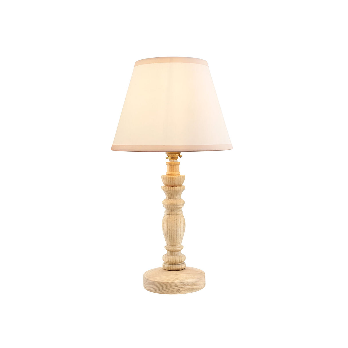 Endon Aldworth table lamp with turned natural ash spindle base, brass B22 lamp holder and tapered vintage white cotton shade on a plain background.