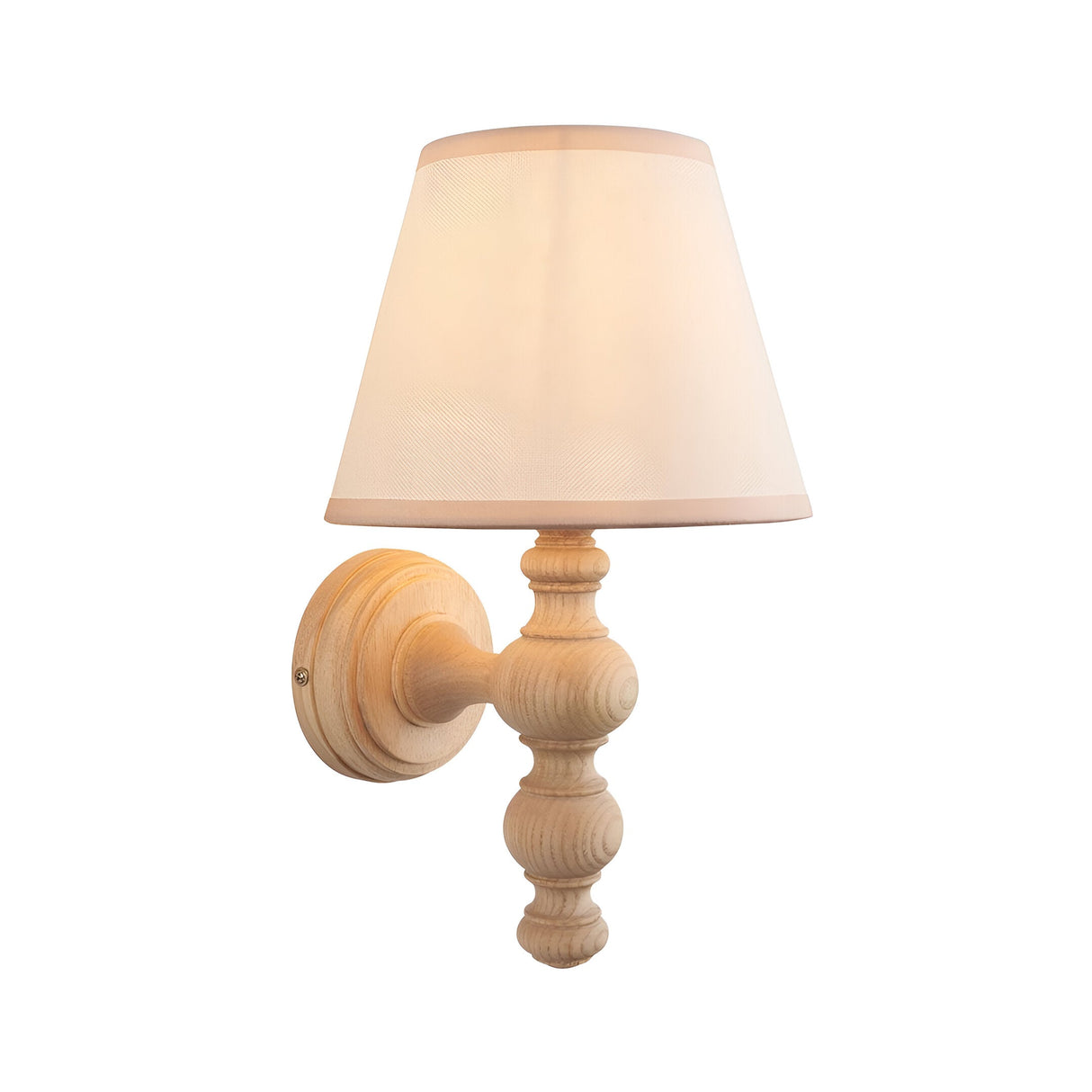 Aldworth Ivy Wall Light in Natural finish, a single turned wood wall light with tapered ivory fabric shade on a plain white background.