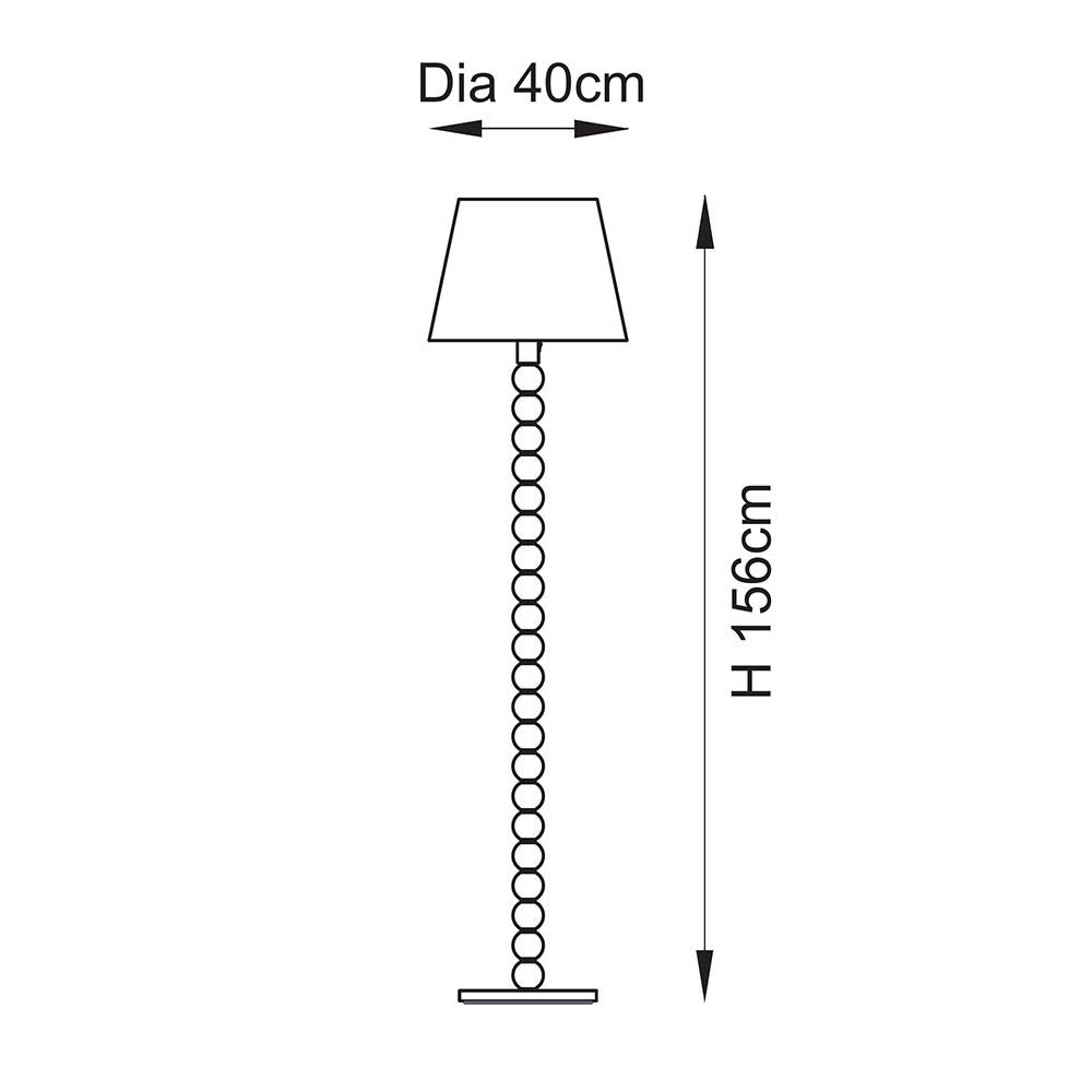Endon Ashwood floor lamp dimension diagram showing 40cm shade diameter and 156cm height, with stacked sphere base and tapered shade.