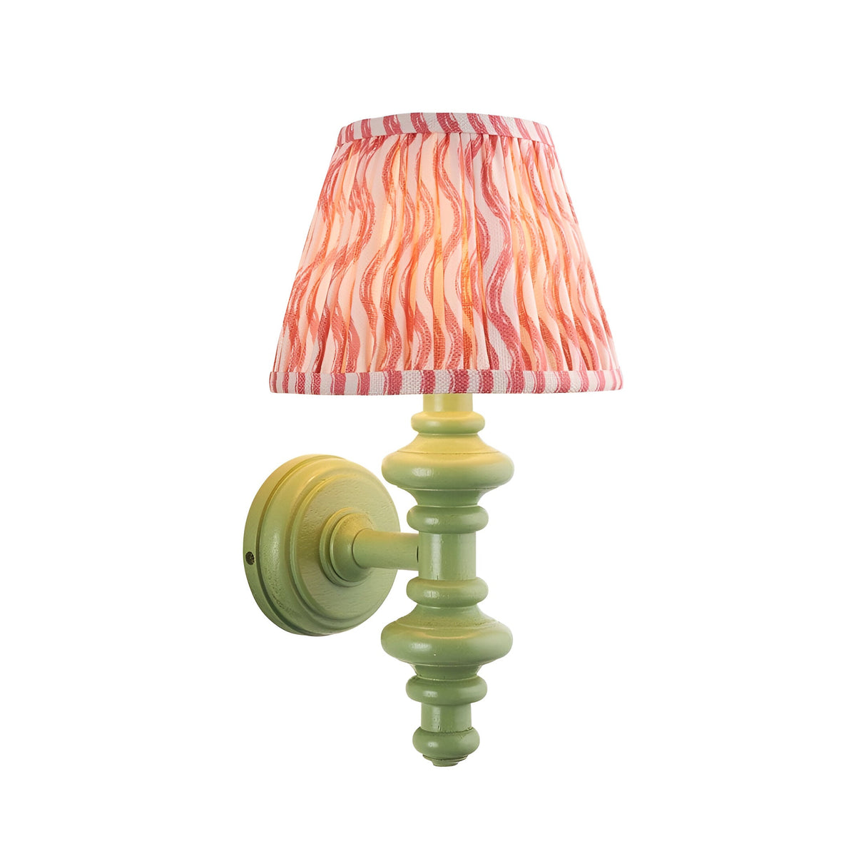 Endon Bevbury Ripple wall light with green turned wood spindle, brass B22 lamp holder and pleated pink ripple-print tapered fabric shade.