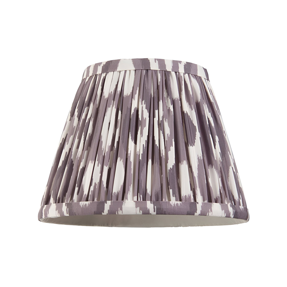 Bevbury Ikat wall light shade in grey and cream patterned faux silk with pleated tapered design, shown on a plain white background.