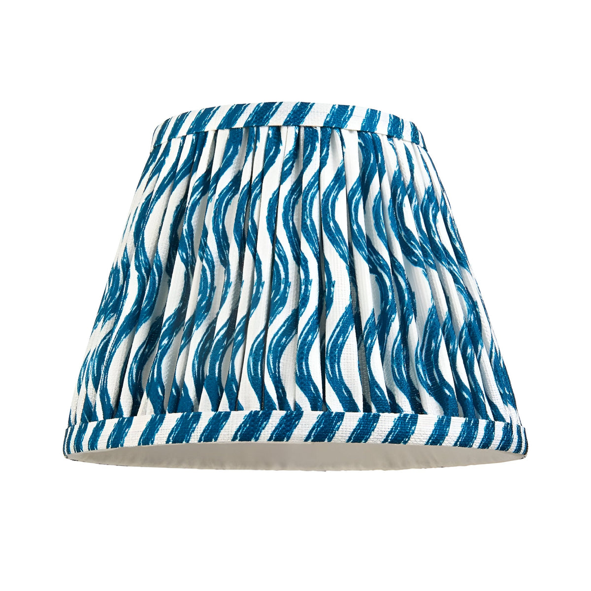 Endon Bevbury Ripple wall light shade in pleated faux linen with a blue wavy ripple print on white, shown on a plain background.